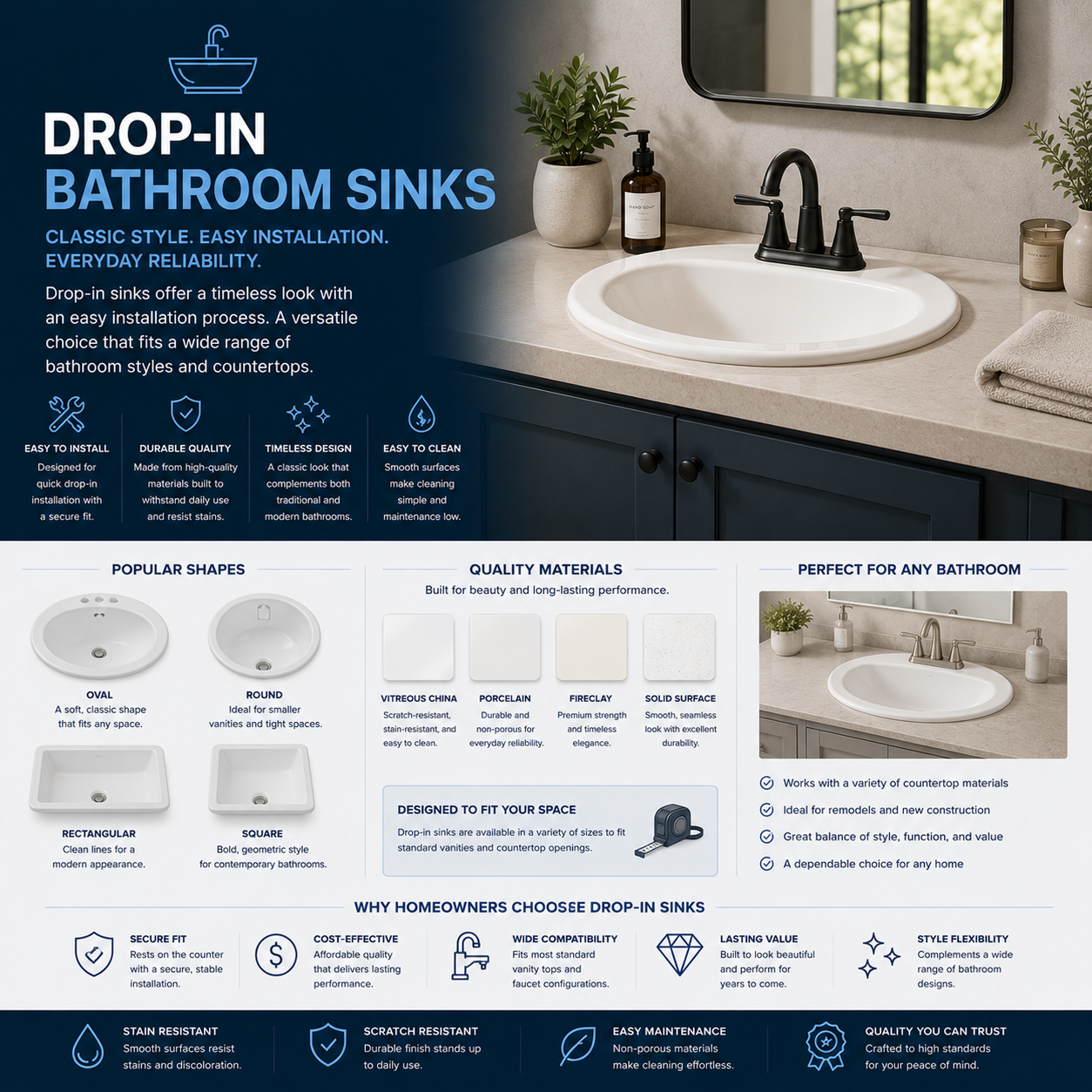 Drop-in bathroom sink with top mount installation, self-rimming edge, durable ceramic design, modern rectangular or oval shape, and easy fit for bathroom vanity countertop upgrade