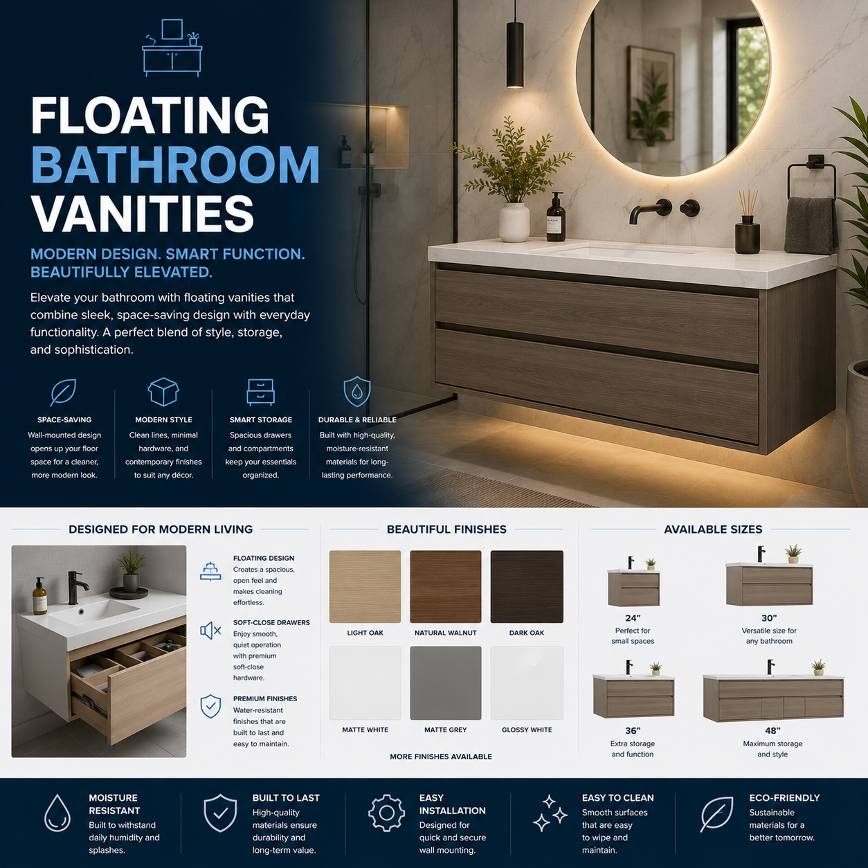 Floating bathroom vanity with wall-mounted modern design, space-saving open floor clearance, single sink setup, premium storage, and clean minimalist style for small bathroom, guest bath, powder room, or luxury remodel