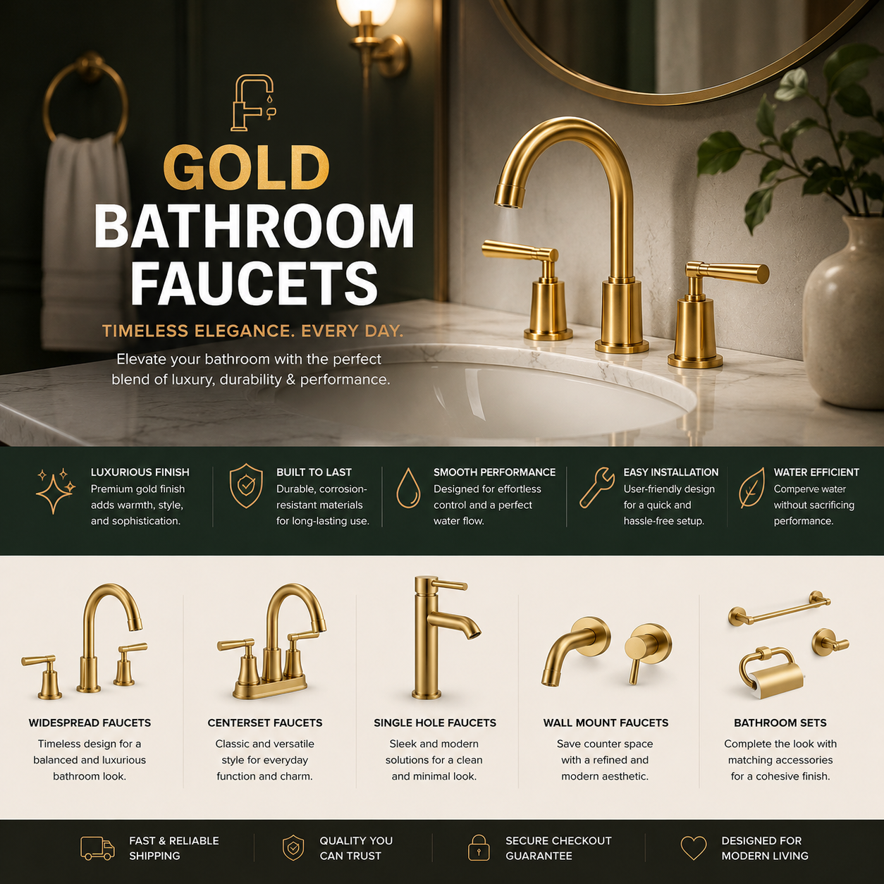 Widespread brushed gold bathroom faucet for master bathroom
