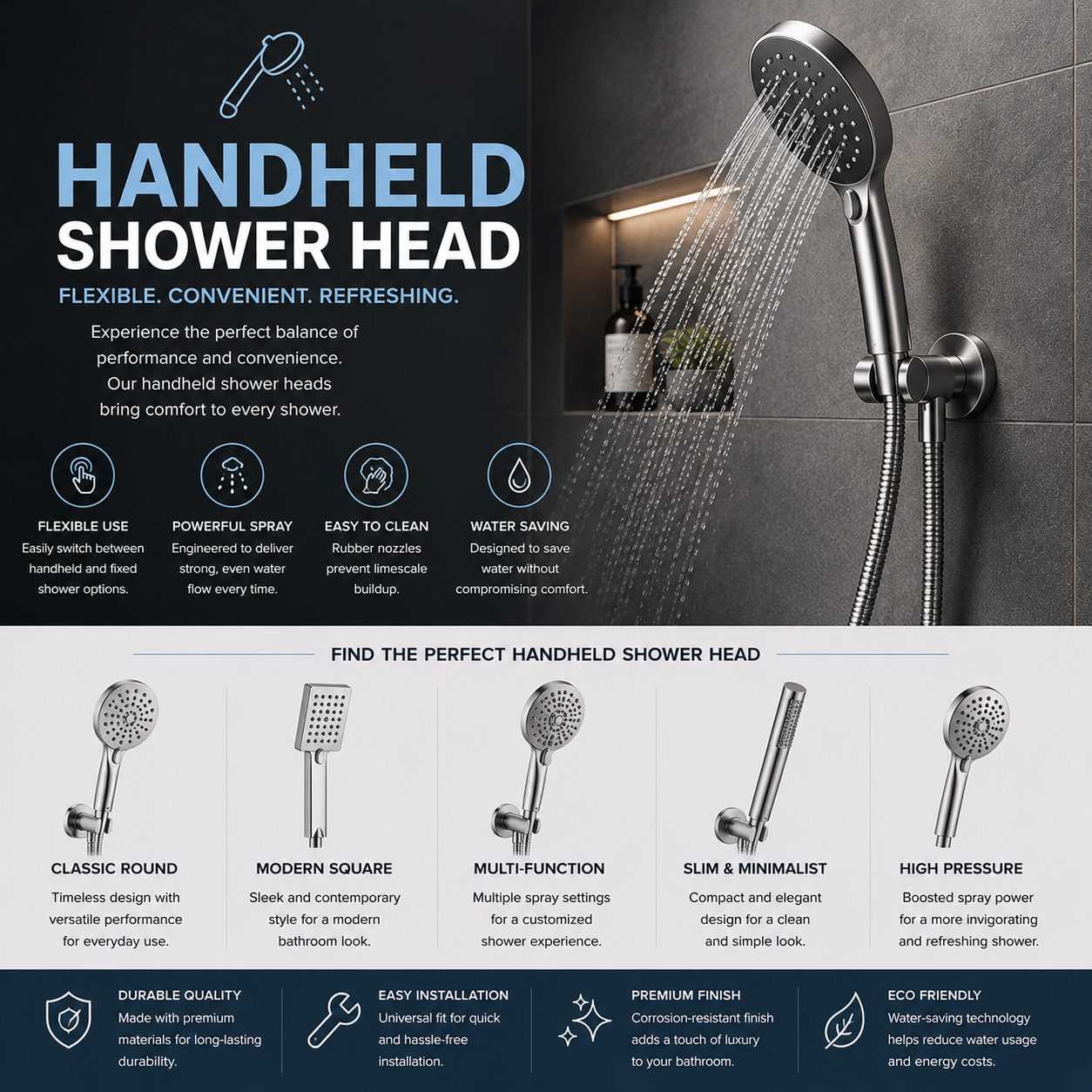 Shop handheld shower heads for modern bathrooms, family showers, and easy upgrades. Explore flexible, high-pressure, water-saving hand shower options.