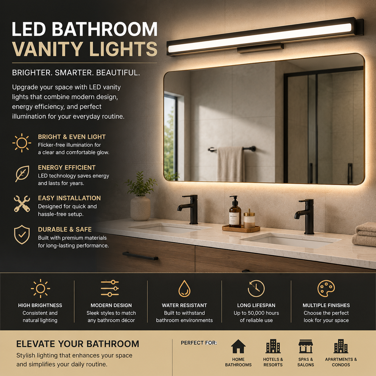 LED bathroom vanity light above mirror with modern linear design, bright energy-efficient illumination, durable integrated LED fixture, sleek finish, and stylish wall-mounted bathroom lighting for vanity remodel or powder room upgrade