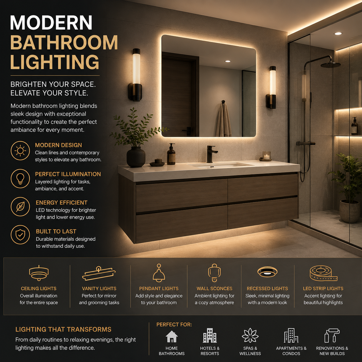 Modern bathroom lighting with LED vanity lights, wall sconces, and ceiling fixtures providing balanced illumination, clean design, and stylish lighting for bathroom remodel or upgrade