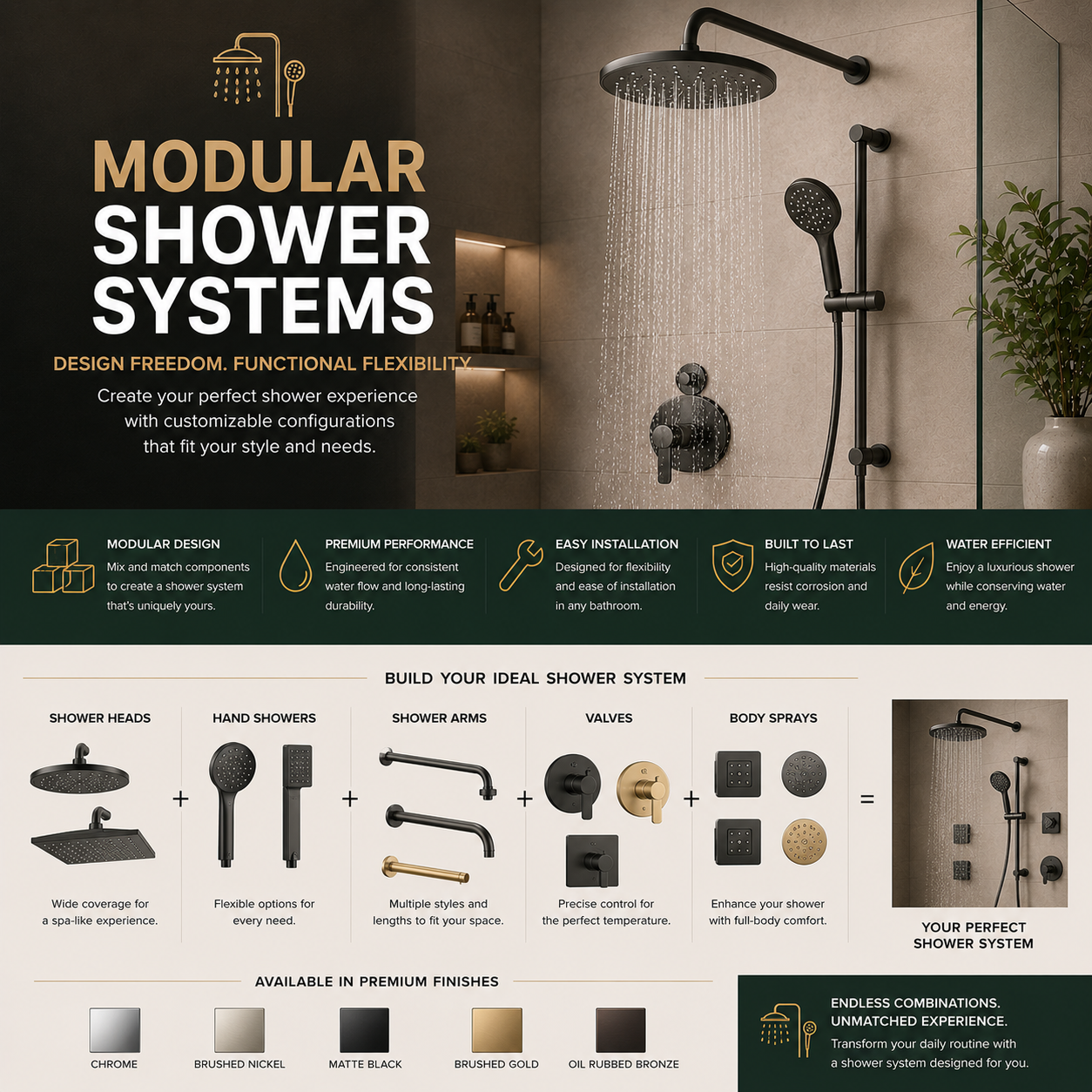 Modular shower system with rain shower head, handheld shower, body sprays, thermostatic valve, diverter controls, and luxury built-in design for modern bathroom remodel, spa-style primary bath, or upscale custom shower upgrade