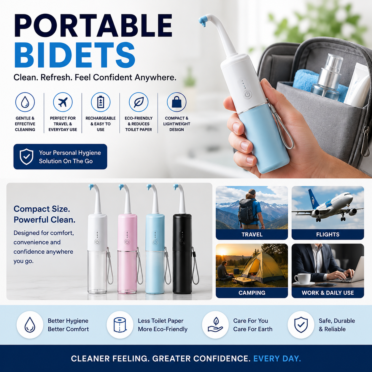 Shop portable bidets, travel bidets, handheld bidet sprayers, rechargeable bidets, personal hygiene devices, portable wash systems, and compact bidet accessories.