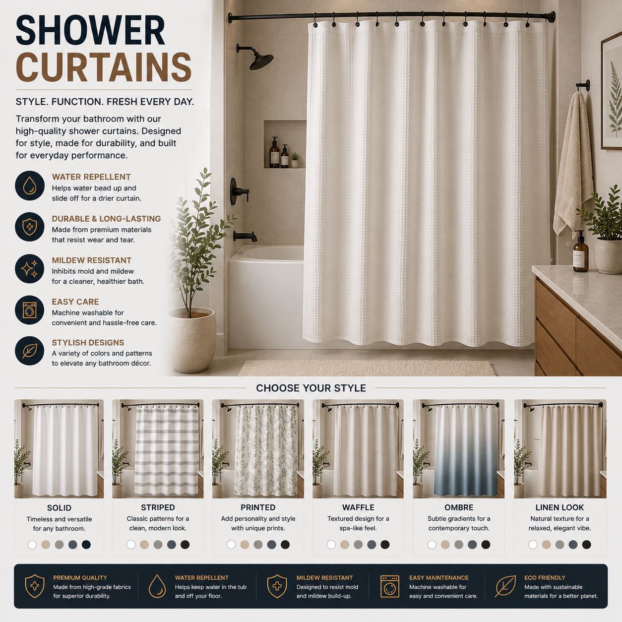 Shower curtain in modern bathroom with waterproof fabric, durable design, stylish pattern, and full coverage for water protection and bathroom decor upgrade