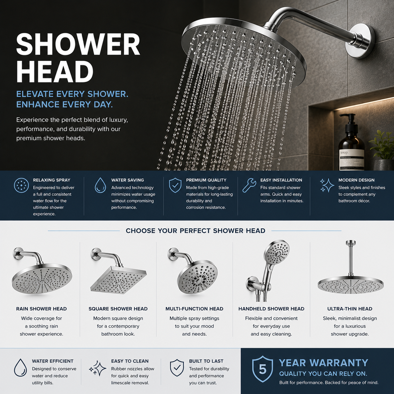 Modern shower head with high-pressure water flow, multi-function spray settings, easy installation, and water-saving performance for bathroom upgrade, daily shower comfort, and improved coverage