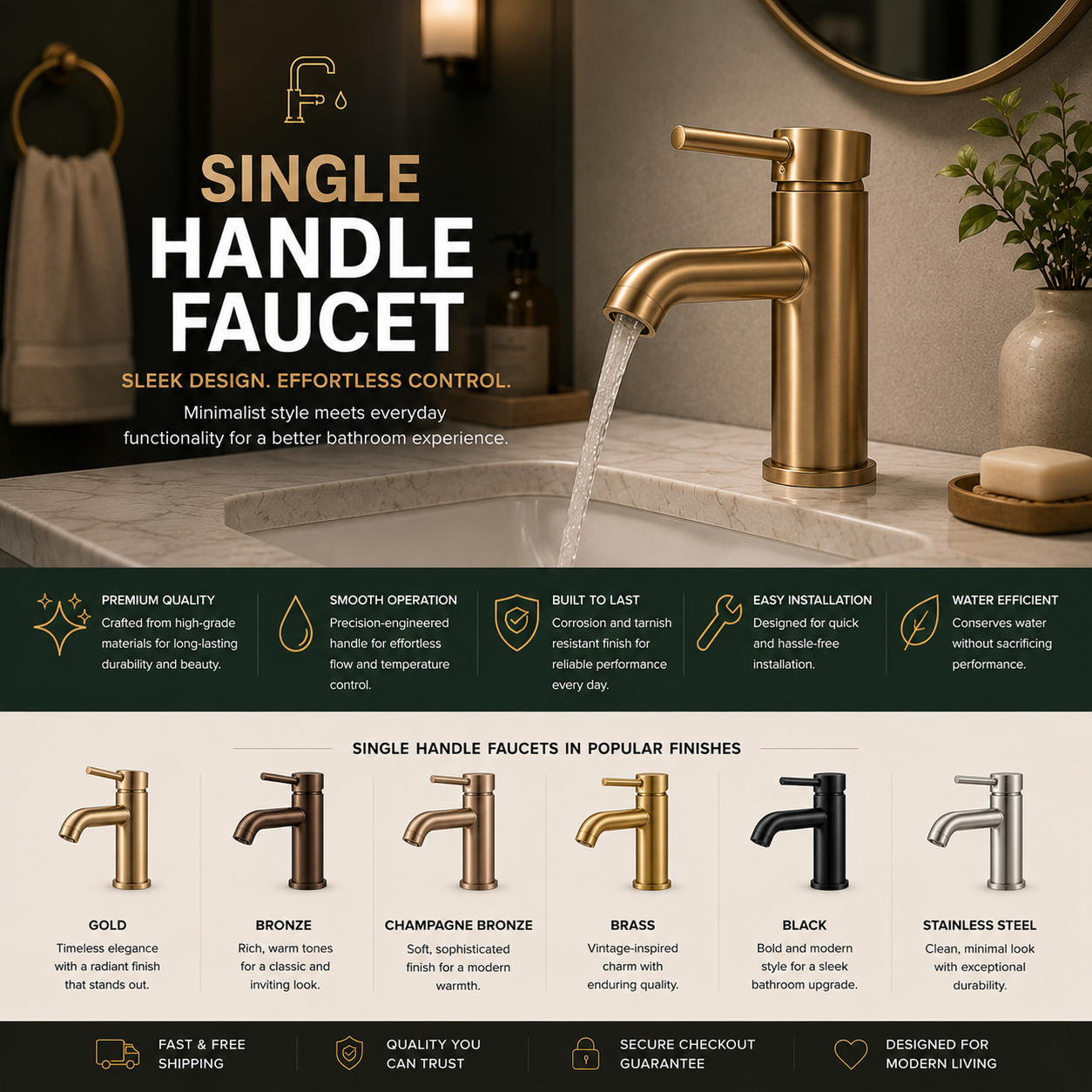 Single handle bathroom faucet for modern vanity sink with sleek one-handle control, durable finish, water-saving flow, easy installation, premium design, and stylish single-hole bathroom sink setup for remodels
