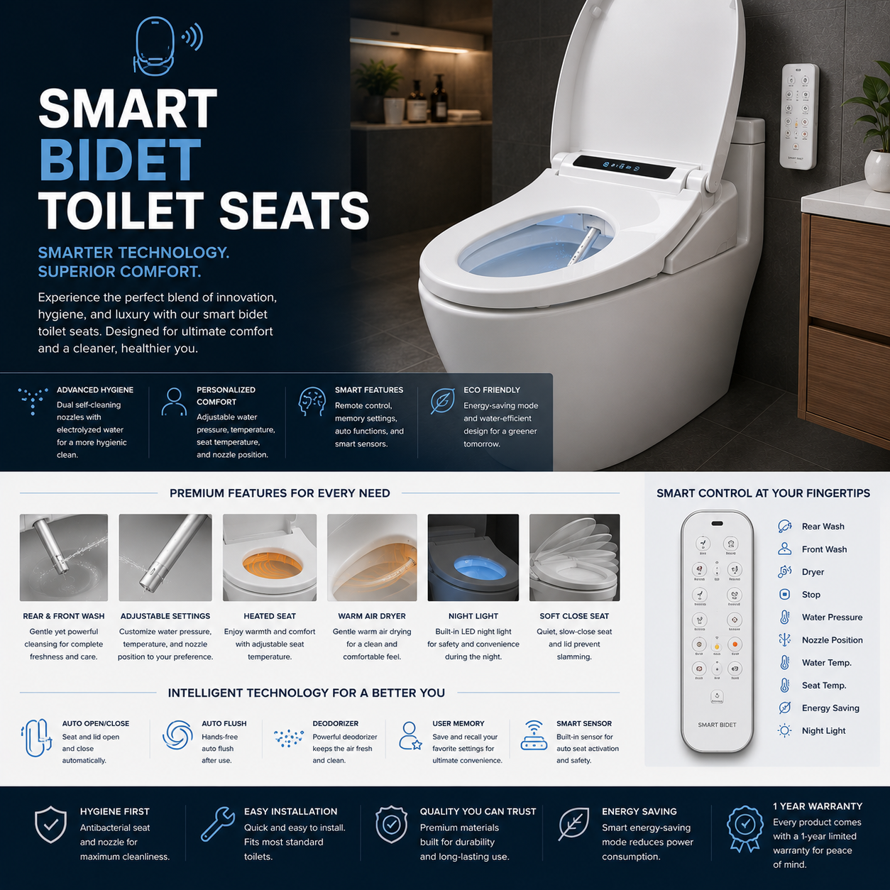 Smart bidet toilet seat with heated seat, warm water wash, remote control, self-cleaning nozzle, warm air dryer, and modern design for advanced bathroom hygiene and comfort