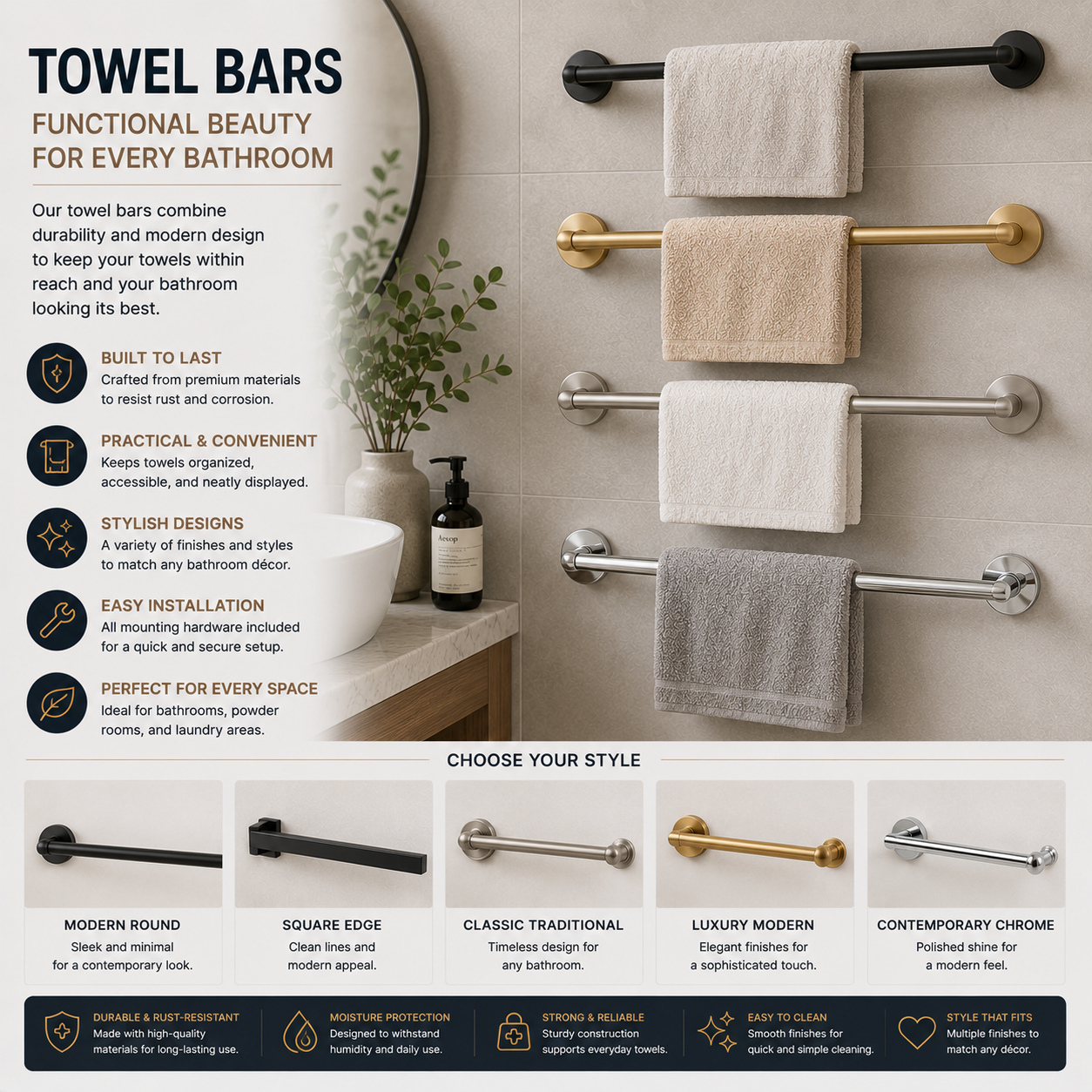 Bathroom towel bar wall mounted with modern finish, holding towels for drying, space-saving design, durable construction, and stylish bathroom organization solution