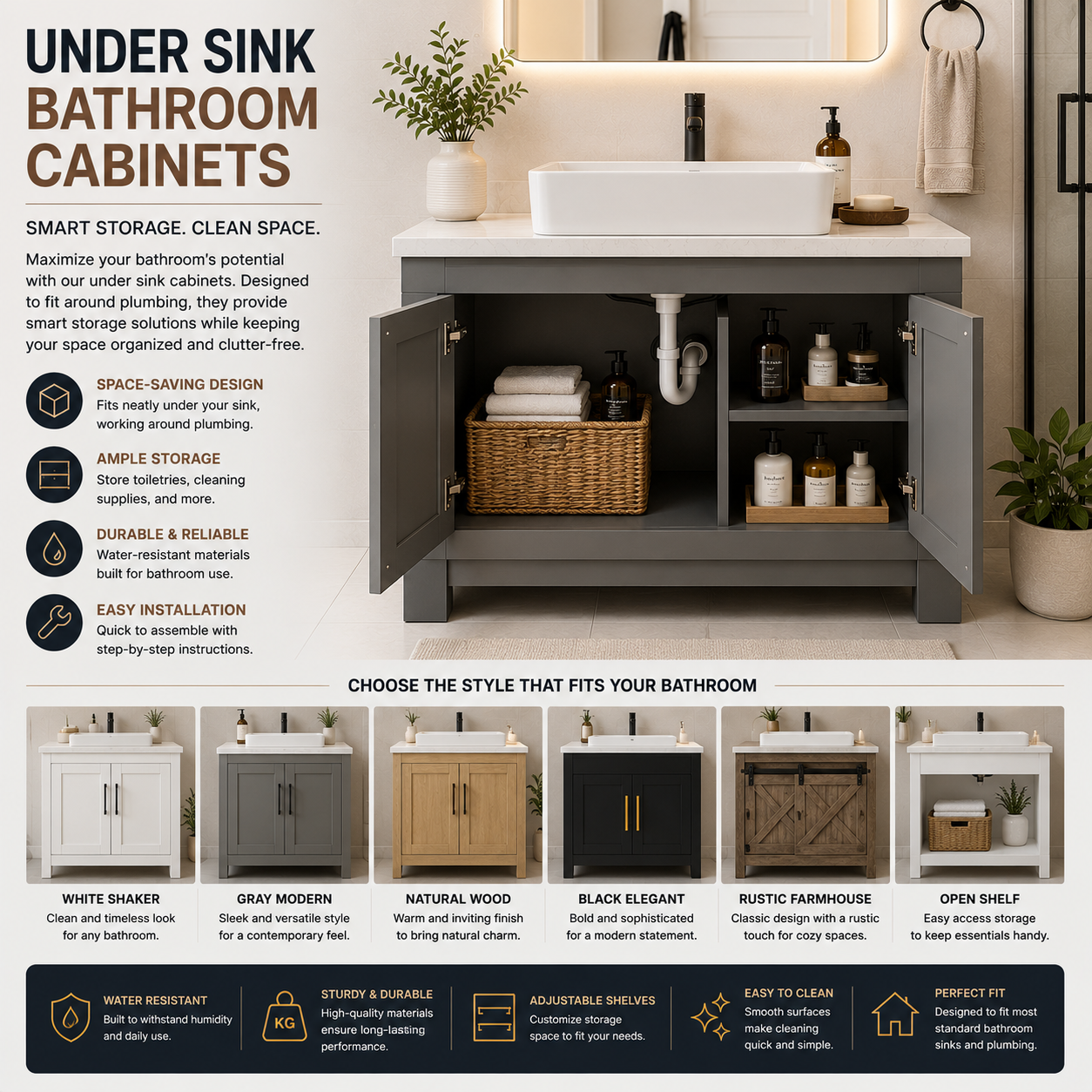 Under sink bathroom cabinet with plumbing cut-out design, storage shelves, compact space-saving structure, and organized layout for bathroom essentials and cleaning supplies