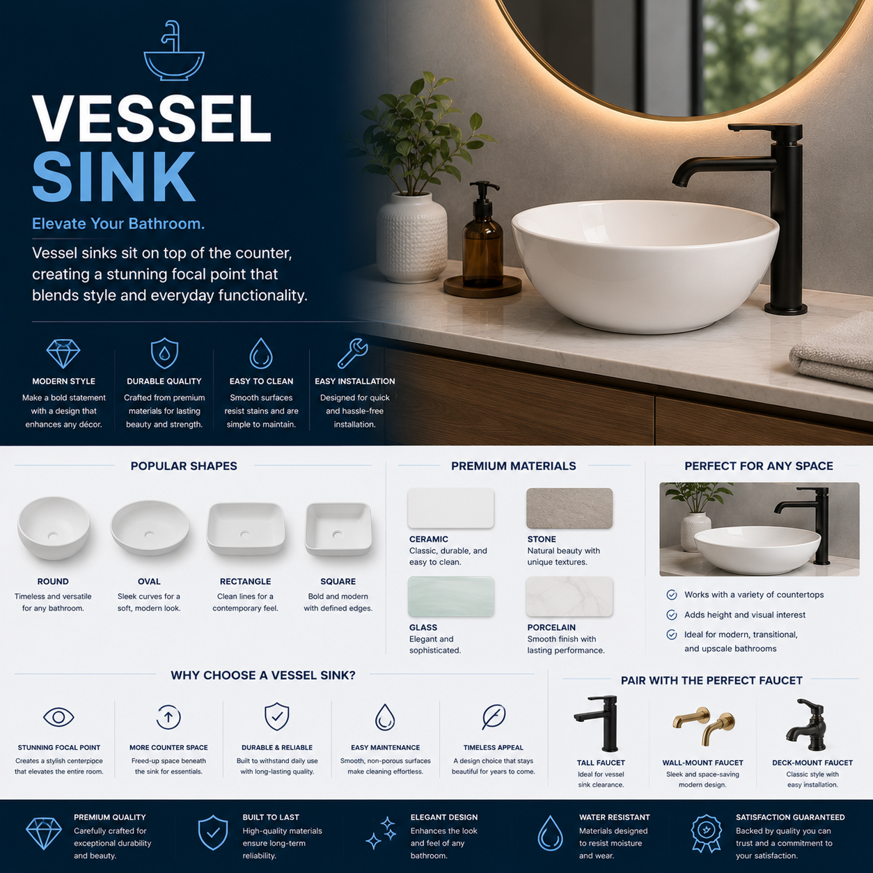 Vessel sink above counter with modern design, ceramic or glass material, round or square shape, paired with tall faucet for bathroom vanity upgrade and luxury interior styling