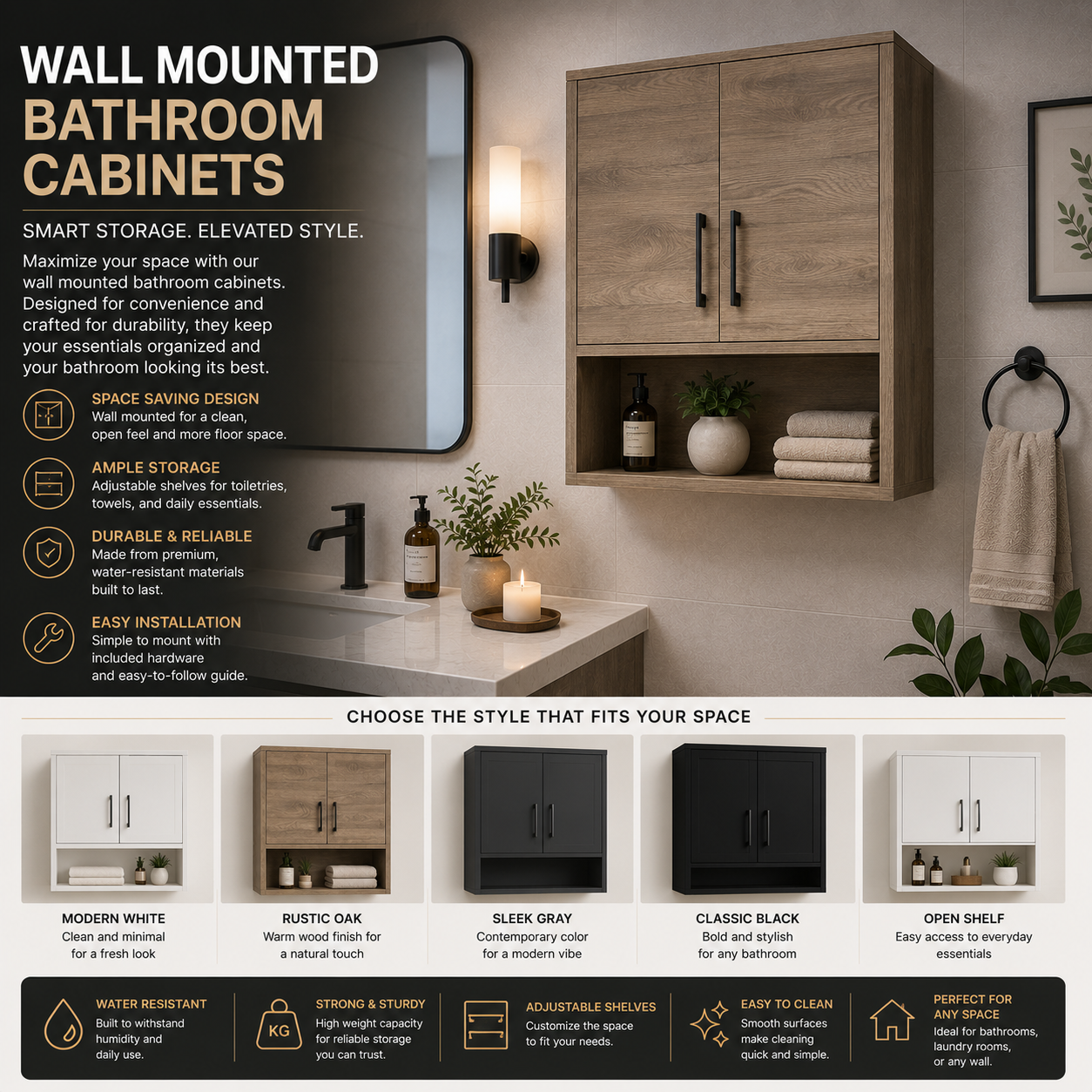 Wall mounted bathroom cabinet with floating design, storage shelves, modern finish, space-saving installation, and organized bathroom storage solution for small or modern bathroom layouts