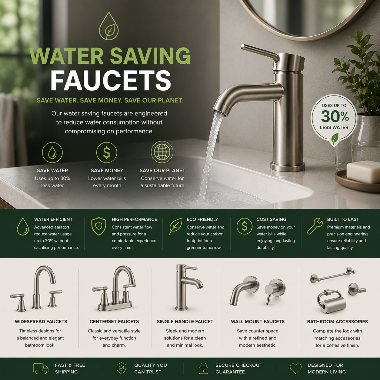WaterSense bathroom faucet for modern vanity sink with low-flow water-saving performance, durable finish, easy installation, stylish design, and efficient everyday use for guest bath, powder room, or master bathroom remodel