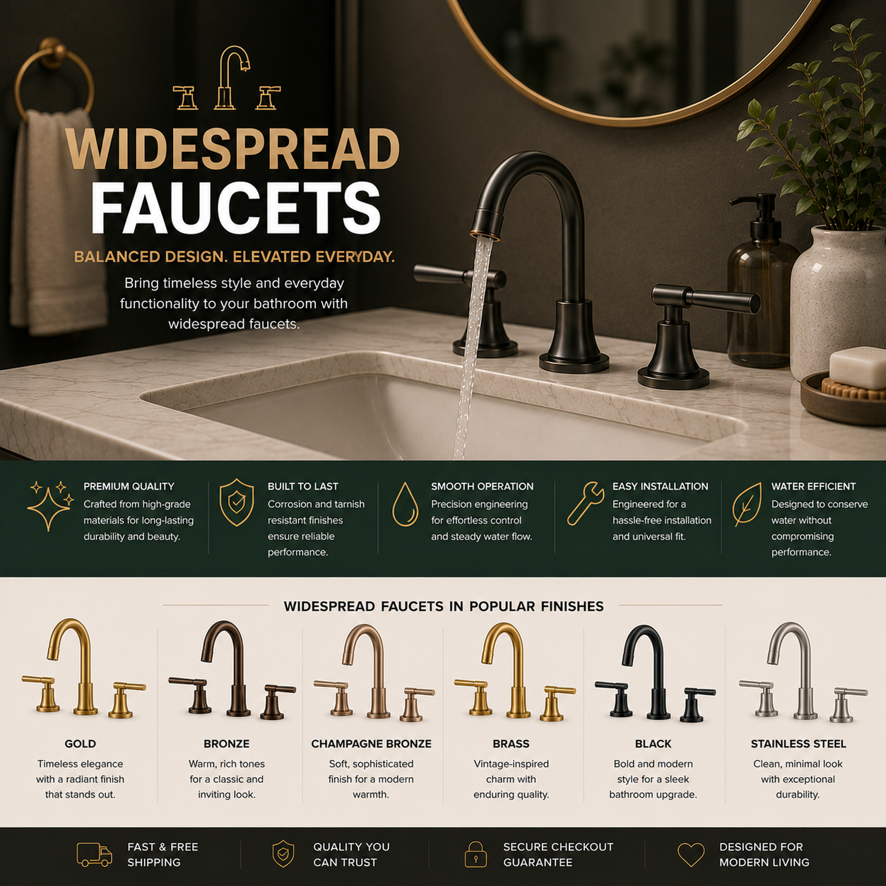 Widespread bathroom faucet for large vanity sink with elegant 2-handle design, durable premium finish, water-saving performance, modern upscale styling, and remodel-ready installation for master bathroom or guest bath
