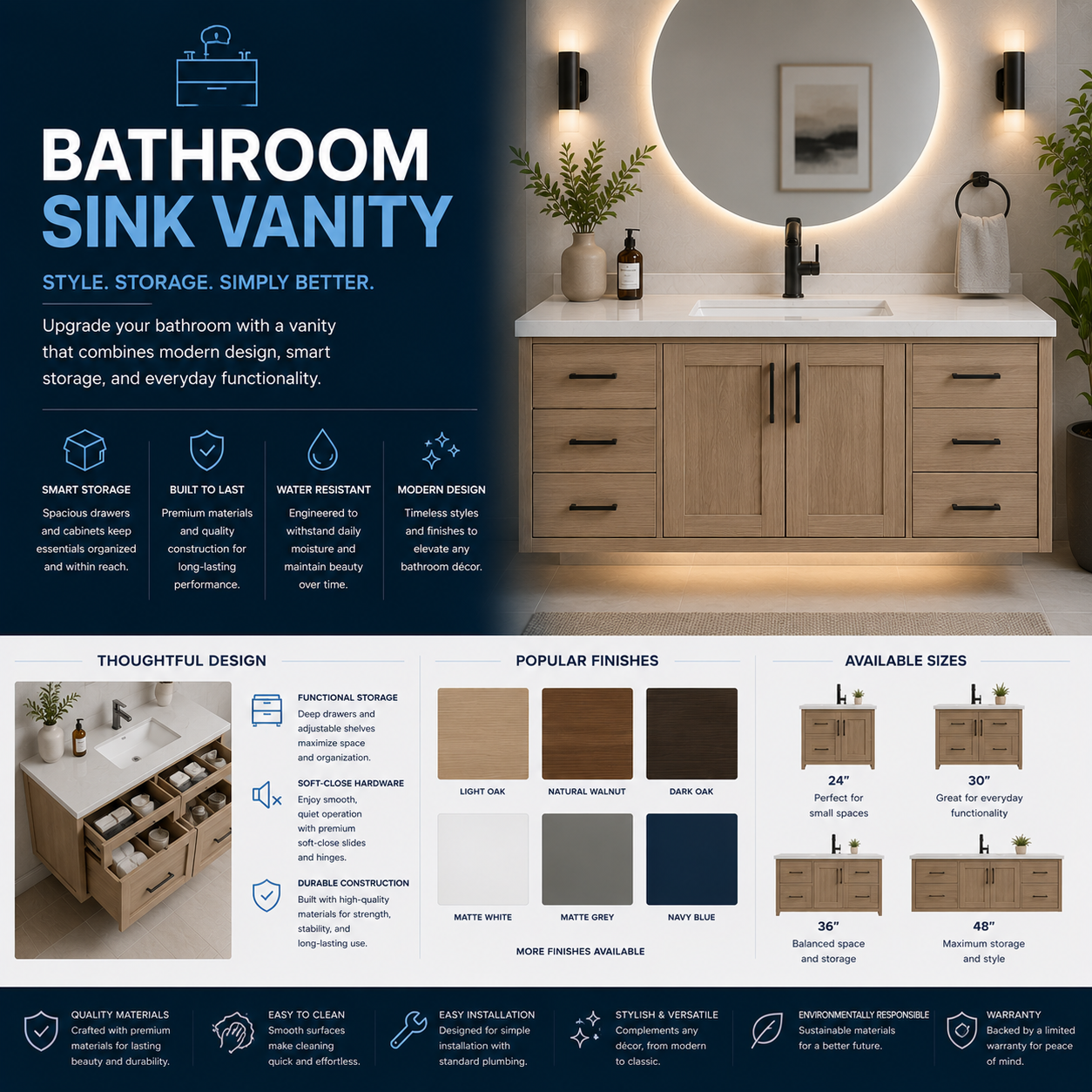 Bathroom vanity with modern design, integrated sink, storage cabinet, and stylish finish for bathroom remodel, space organization, and functional upgrade in home interior