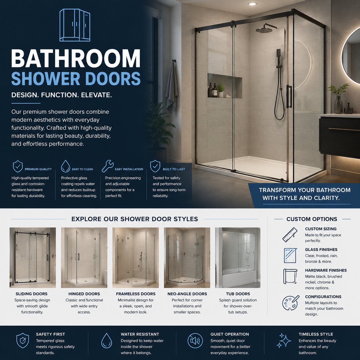 Bathroom door with modern design, frosted glass or solid panel style, moisture-resistant material, and space-saving sliding or hinged installation for bathroom privacy and interior upgrade