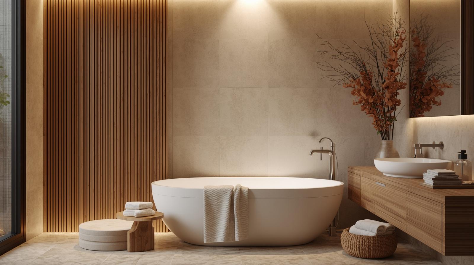 A modern freestanding oval bathtub in a warm, minimalist bathroom with beige stone walls, a wooden slat accent panel, a floating vanity with a white vessel sink, and decorative dried branches.