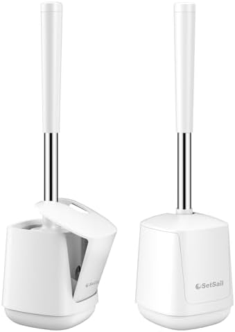 SetSail Toilet Brush 2 Pack, Self Closing Lid Toilet Bowl Brushes Holder and Extra Long Handle Ventilated Toilet Brush Set for Bathroom Cleaning, Nylon Bristles, Pure White