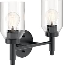 Kichler Madden 2-Light Vanity with Clear Glass in Black, Sloped Ceiling Compatible, for Single or Double Vanity in Bathroom (10.5" x 14.25"), 55184BK