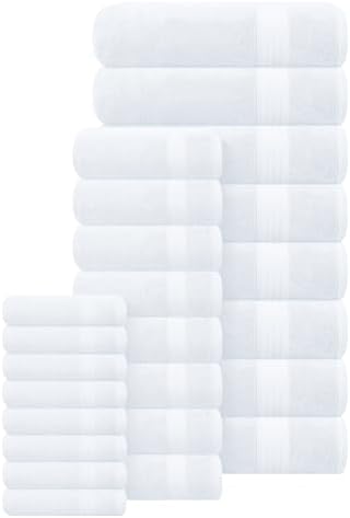 GLAMBURG Ultra Soft 24-Piece Towel Set - 100% Pure Ringspun Cotton, Contains 8 Oversized Bath Towels 27x54, 8 Hand Towels 16x28, 8 Wash Cloths 13x13 - Ideal for Everyday use, Hotel & Spa - White