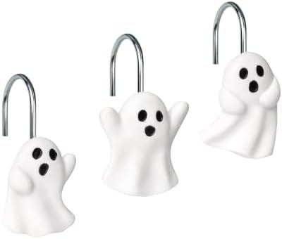 Sunlit Ghost Shower Curtain Hooks, Home Decorative Shower Curtain Rings with Sliver Hooks for Bathroom, Halloween Shower Curtain Hangers Bathroom Accessories, Set of 12
