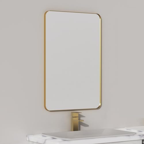 VocalStar 18 x 26 Inch Gold Bathroom Mirror for Wall, Metal Framed Rounded Rectangle Vanity Mirror, 1/4-inch Shatterproof Glass | Ultra-Flush Hanging