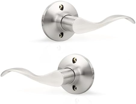 GOBEKOR 1 Pair of Dummy Door Levers Brushed Nickel Interior Door Handle for Left Hand and Right Hand, Non-Turning Handle Pull for Closet French Doors, 2 Pack
