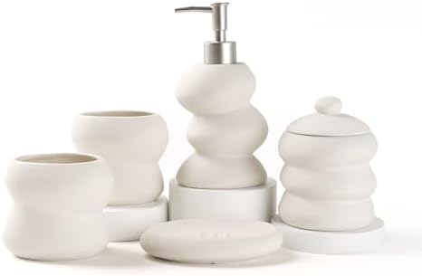 Bathroom Accessory Set 5PCS, Ceramic Bathroom Accessories Set, Irregular Shape Small Bathroom Sets Accessories Complete, Home Apartment Minimalist Decor Vanity Countertop, Beige, ANTIS'S HOME