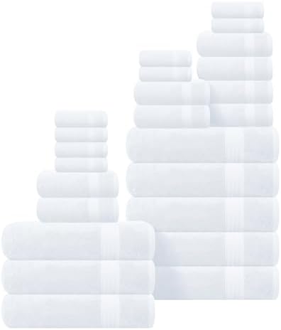 GLAMBURG Ultra Soft 24-Piece Towel Set - 100% Pure Ringspun Cotton, Contains 8 Oversized Bath Towels 27x54, 8 Hand Towels 16x28, 8 Wash Cloths 13x13 - Ideal for Everyday use, Hotel & Spa - White