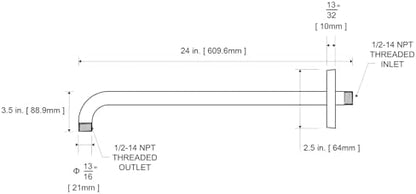 OFFO Shower Arm with Flange, 24 in Bright Gold Wall Mount Replacement Angle Shower Head Arm Wall-Mounted For Fixed Shower Head & Handheld Showerhead