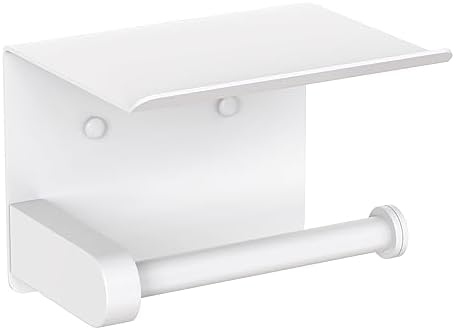 VAEHOLD Self Adhesive Toilet Paper Holder with Phone Shelf Stainless Steel Wall Mounted Toilet Paper Roll Holder - Bathroom Washroom Tissue Roll Holder with Storage Shelf - White