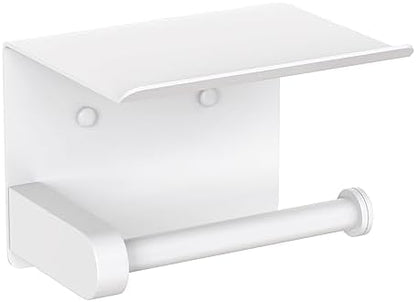 VAEHOLD Self Adhesive Toilet Paper Holder with Phone Shelf Stainless Steel Wall Mounted Toilet Paper Roll Holder - Bathroom Washroom Tissue Roll Holder with Storage Shelf - White