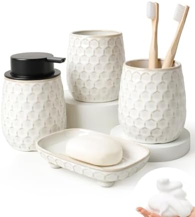 Bathroom Accessory Set 4PCS, Ceramic Bathroom Accessories Set, Foaming Soap Dispenser Set Complete, White Honeycomb Design, Home Apartment Modern Bath Decor Vanity Countertop, ANTIS'S HOME