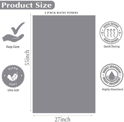 2-Pack Microfiber Bath Towels (27x54 Inches) - Ultra Soft & Quick Dry, 3X Absorbency, Lightweight for Gym, Yoga, Travel & Spa - Perfect for Home, Fitness & Post-Workout