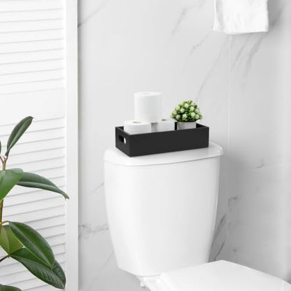 ALELION 14 Inch Black Wood Bathroom Storage Basket with Handles, Toilet Paper Basket for Back of Toilet Tank Top, Wooden Organizer Tray for Bathroom Countertop, Vanity, Kitchen, Pantry, Laundry Room
