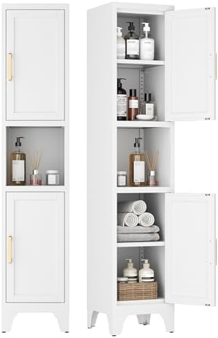 67" Tall Bathroom Storage Cabinet, Narrow Freestanding Bathroom Cabinet with 2 Doors & Adjustable Shelves, Slim Vertical Organizer for Bathroom, Entryway, Kitchen,Living Room（White）