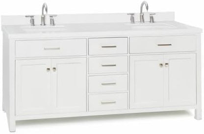ARIEL Bristol 72-inch Bathroom Vanity with Sink,Solid Wood, 1.5-inch Pure White Quartz Countertop & Backsplash, Double Rectangular Porcelain Sink, 4 Soft Closing Doors, 4 Dovetail Drawers, White