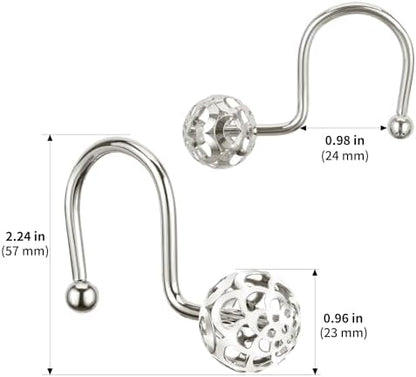 Chictie Nickel Shower Curtain Hooks - Decorative Shower Curtain Rings,Set of 12 Silver Metal Rustproof Shower Hangers for Bathroom Curtains Rods Hollow Ball Design