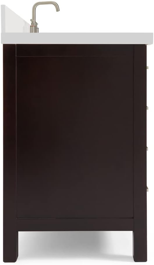 ARIEL 55" Espresso Bathroom Vanity with 1.5" Edge Pure White Quartz Countertop & Backsplash, Center Oval Sink, 2 Soft Closing Doors, 9 Full Extension Dovetail Drawers, Satin Brass