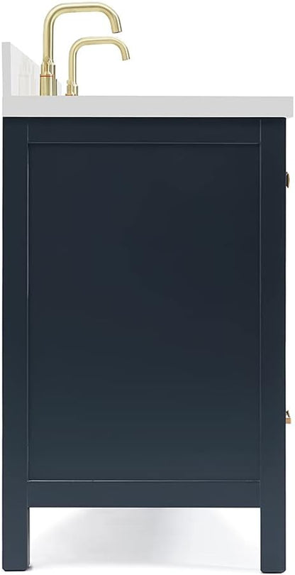 ARIEL Cambridge 72-inch Bathroom Vanity with Sink,Solid Wood, 1.5-inch Pure White Quartz Countertop, Double Rectangular Porcelain Sink, 4 Soft Closing Doors, 6 Dovetail Drawers, Midnight Blue