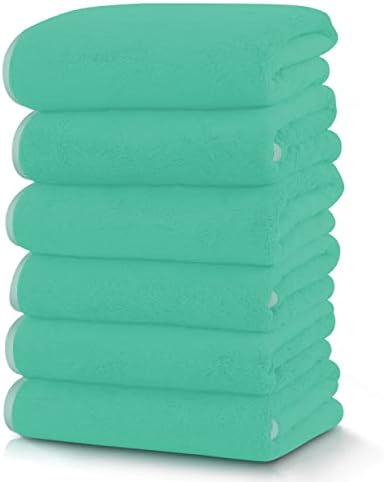 TENSTARS Silk Hemming Hand Towels for Bathroom - Quick Drying - Ultra Soft Microfiber Absorbent Towel for Bath Fitness, Gym, Shower, Hotel, and Spa - 16x28 Inch | Set of 6, Aqua Green