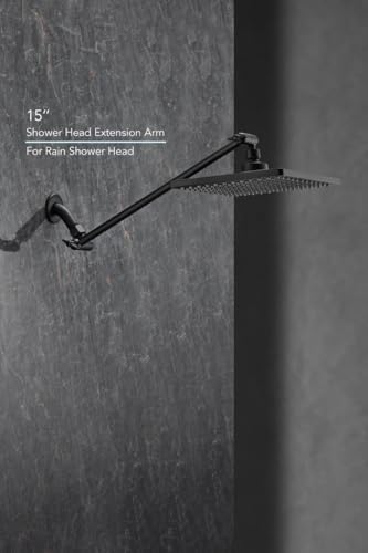 15 Inch Extra Long Adjustable Shower Head Extension Arm With Locking Set Screw, Singing Rain 304 Stainless Steel Angle Height Adjustable, Easy Install, G1/2 Universal Connector Compatible (Matt Black)