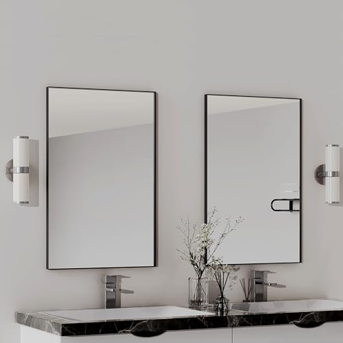 VocalStar 16 x 24 Inch Black Bathroom Mirror for Wall, Square Corner Rectangle Black Metal Framed Bathroom Vanity Mirror Modern Farmhouse, 1/4-inch Shatterproof Glass | Ultra-Flush Hanging