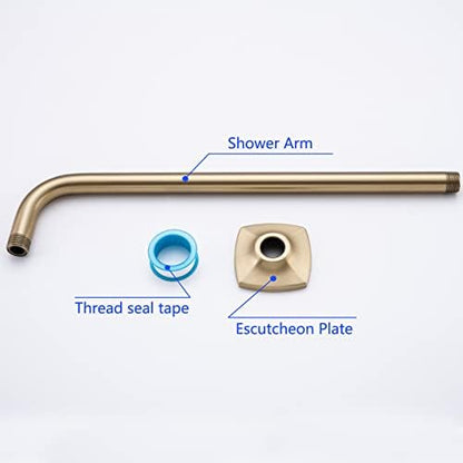 16 Inch Shower Arm Wall Mounted, SWHYGER L Shape Stainless Steel Rainfall Showerhead Extension Replacement Pipe Arm with Flange, Brushed Gold,SW-91018-16BG.