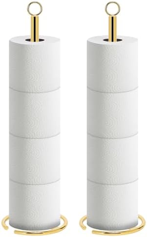 NearMoon Bath Toilet Paper Holder Stand, Freestanding Tissue Paper Storage with Reserve, Space Toilet 4 Rolls Holder for Bathroom/Kitchen Countertop-All Metal (2 Pack, Chrome Gold)