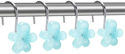Flower Themed Shower Curtain Hooks, Glow in The Dark Bathroom Decor for Kids, Unique & Simple Look Decorative Shower Curtain Hangers, Cool Blue