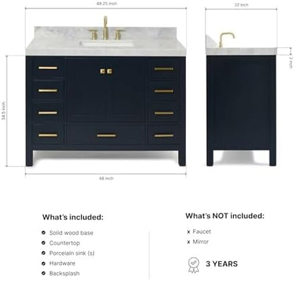 ARIEL Cambridge 48-inch Bathroom Vanity with Sink,Solid Wood, 2-inch Italian Carrara Marble Countertop, Single Rectangular Porcelain Sink, 2 Soft Closing Doors, 9 Dovetail Drawers, Midnight Blue