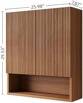 USHOWER Brown Oak Bathroom Wall Cabinet with Fluted Doors & Open Shelf