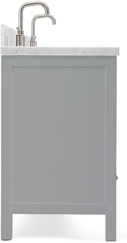 ARIEL Cambridge 72-inch Bathroom Vanity with Sink,Solid Wood, 1.5-inch Italian Carrara Marble Countertop, Double Rectangular Porcelain Sink, 4 Soft Closing Doors, 6 Dovetail Drawers, Grey