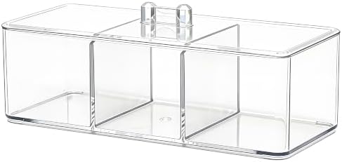 Clear Bathroom Organizer with Lid, 3 Compartment Cotton Swab Holder